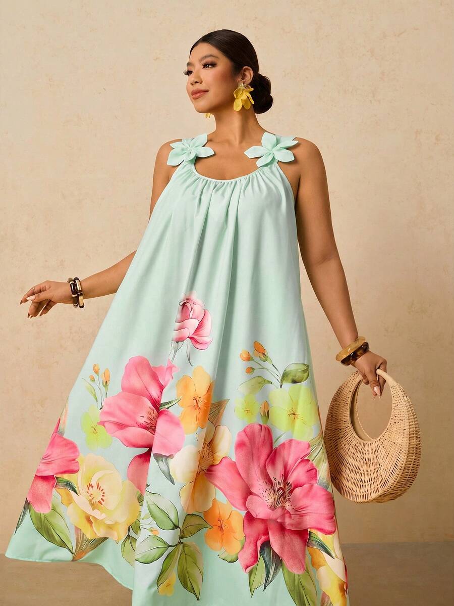 Travachic Plus Size Women Floral Decor Ruched Casual Party Dress - Mint Green - View 1