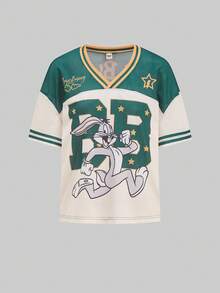 Slaydiva LOONEY TUNES X SHEIN Bộ đồ thể thao nữ mùa xuân/hè 2 món bằng vải jersey in họa tiết - Màu đỏ và xanh dương phối sọc, phong cách hip-hop đường phố Y2K, thích hợp cho kỳ nghỉ trên đảo, trận bóng rổ, đi học, trượt ván, tập gym. - Nhiều màu - Xem 4