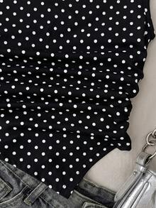 SHEIN Áo croptop ôm sát họa tiết chấm bi chất dệt kim cho bé gái tuổi teen, gấu nhún bất đối xứng, tay ngắn phong cách casual chic, phù hợp mùa xuân/hè, đi học, phối đồ mẹ và bé - màu đen - Xem 4
