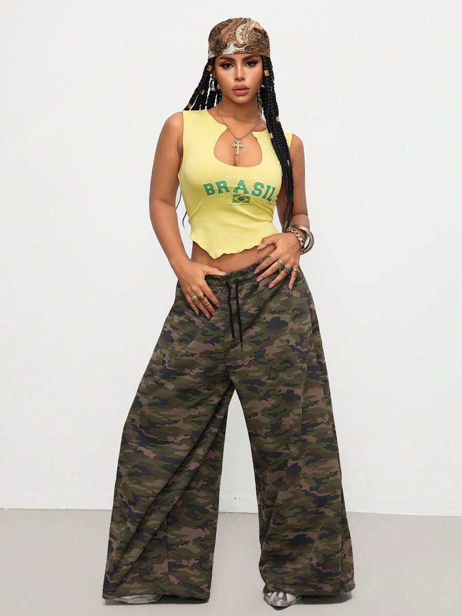 Gowayae Gowayae Top corto con bajo asimétrico para mujer, camisa corta sexy sin mangas con cuello en U - Amarillo - Ver 1