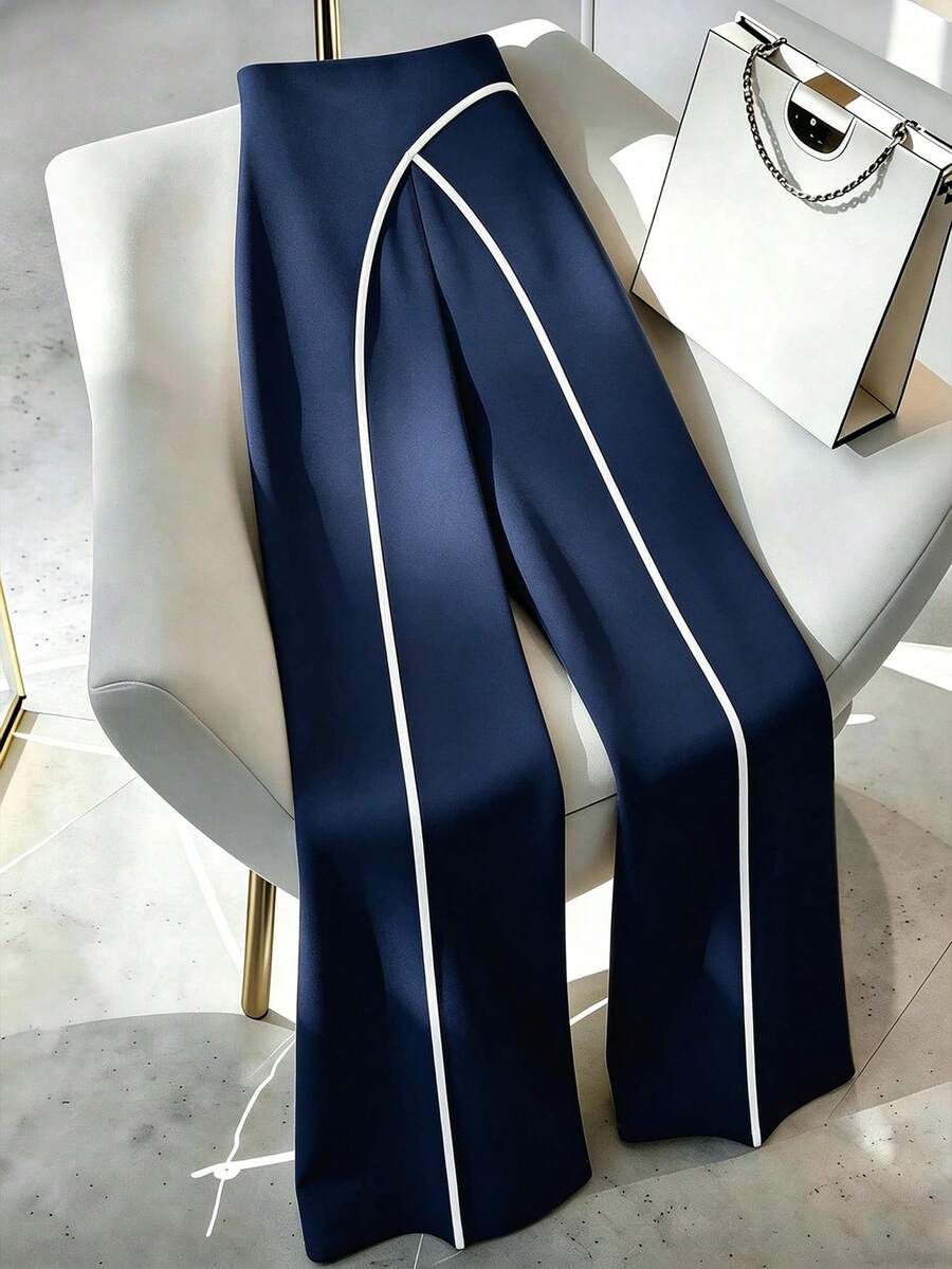 Elenzga Women's Casual Patchwork Color Versatile Daily Wear Pants - Navy Blue - View 1