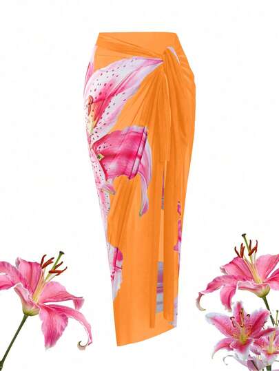 Swim Oasis Plus Size Women's Oasis High-End Floral Print Long Chiffon Dress, Suitable For Summer Beach Vacation