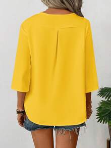 Balvessa Blusa de mujer de unicolor simple con cuello entallado para ir al trabajo - Amarillo - Ver 2