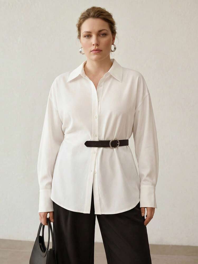 PLUS SIZE BUTTON UP BELTED SHIRT