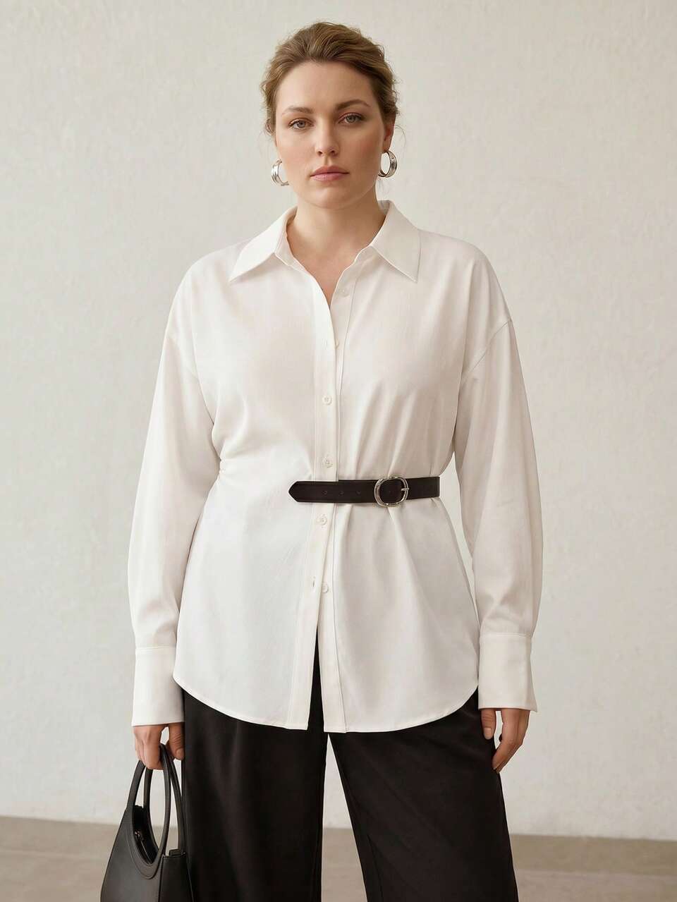 PLUS SIZE BUTTON UP BELTED SHIRT