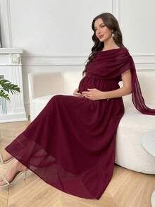 SHEIN Maternity Solid Color Pleated Casual Vacation Dress - Burgundy - View 8