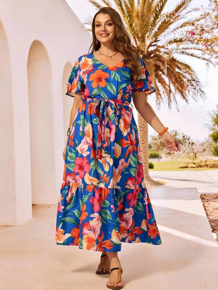 Plus Size Summer Vacation Beach Floral Print Ruffle Hem Dress Elegant Summer Dresses For Women Resort Wear Women Vacation Dress New Arrival Dress For Women Casual Floral Dress For Women Maxi Dress For Women