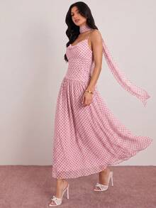Enchnt Vestido de mujer con estampado de lunares vintage elegante, con cintura ceñida y tirantes, adecuado para vacaciones de verano - Rosa - Ver 5