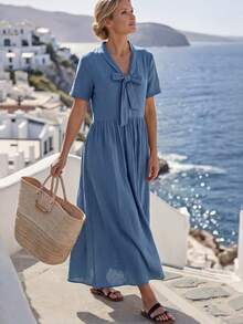 Faunlyn Women's Solid Color Bow Decor Short Sleeve Elegant Dress - Blue - View 4