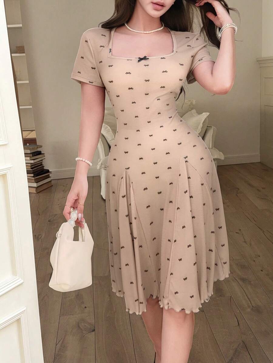 Feyla 女士蝴蝶结印花方领短袖优雅连衣裙 - 彩色 - 查看 1