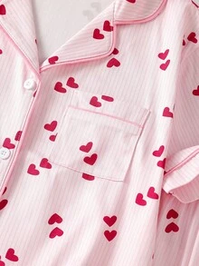 2 Pieces Tween Girl Pink Summer Home Wear Featuring Cute Sweet Heart Print. Stylish Lapel Collar Short Sleeve Top And Matching Shorts Sleep Set - Pink - View 8