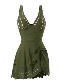 Swim Lushoire Mature Solid Color Cutout Ruffle One-Piece Swimsuit - Army Green - View 5