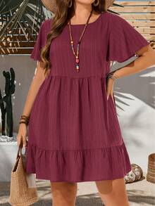 EMERY ROSE Plus Size Vacation Casual Solid Color Short Sleeve Dress,Summer Outfits For Women,Easter Women,Bohemia,Rave Outfit Curve, Country Concert - Red Violet - View 1
