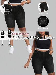 SHEIN PETITE CURVE 大码女式蓝色牛仔弹力紧身短裤 - 黑色 - 查看 7
