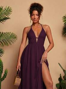 Travachic Vestido sin mangas de cuello en V de unicolor para mujer - Rojo violeta - Ver 3