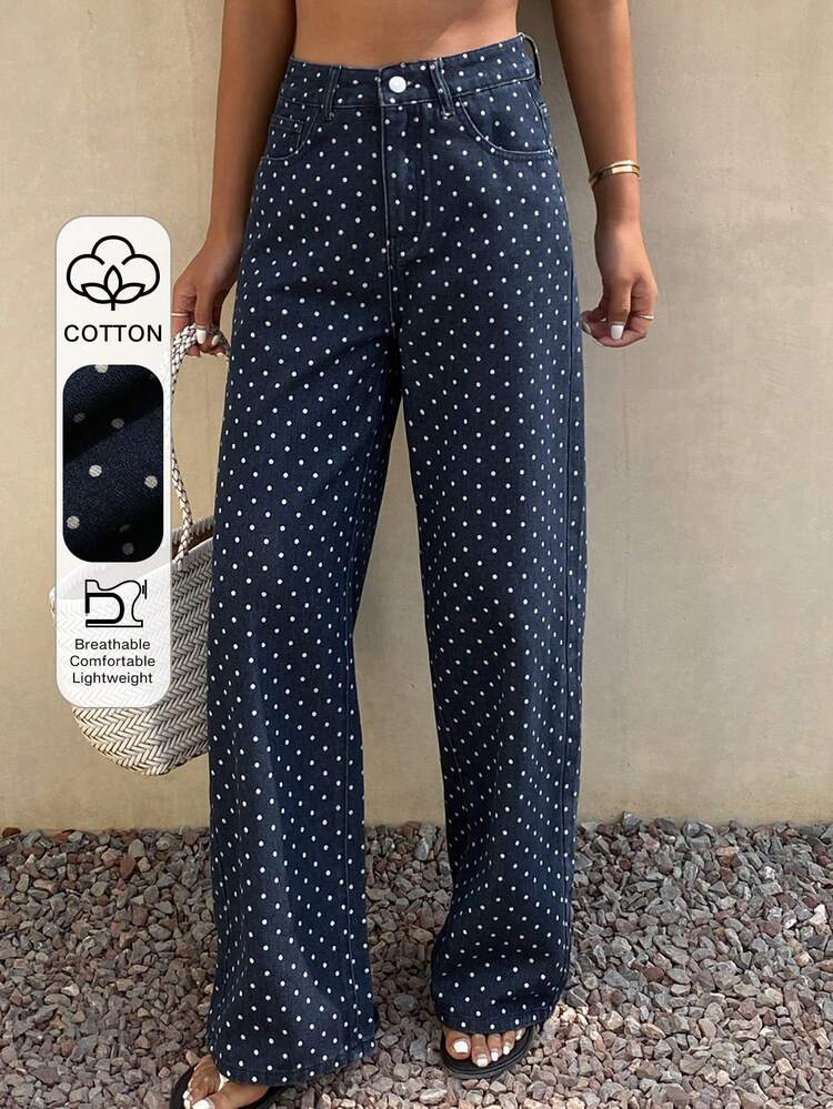 Women's Romantic Casual Polka Dot Print Loose Fit Jeans, Spring & Summer