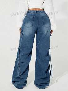 SHEIN SXY 女士休闲时尚街头风日常通勤翻盖口袋阔腿牛仔裤 - 藍色 - 查看 2