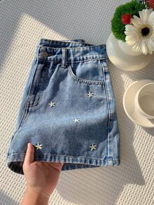 Comfortcana Quần short denim nữ kiểu dáng thường ngày, thêu hoa, thích hợp cho mùa hè. - Rửa trung bình - Xem 9