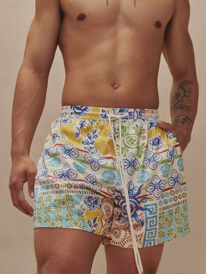 Musero All Over Floral Print Graphic Swim Shorts Elasticated Drawstring Waistband Swimming Swimwear Trunks Spring Summer Essentials Holiday
