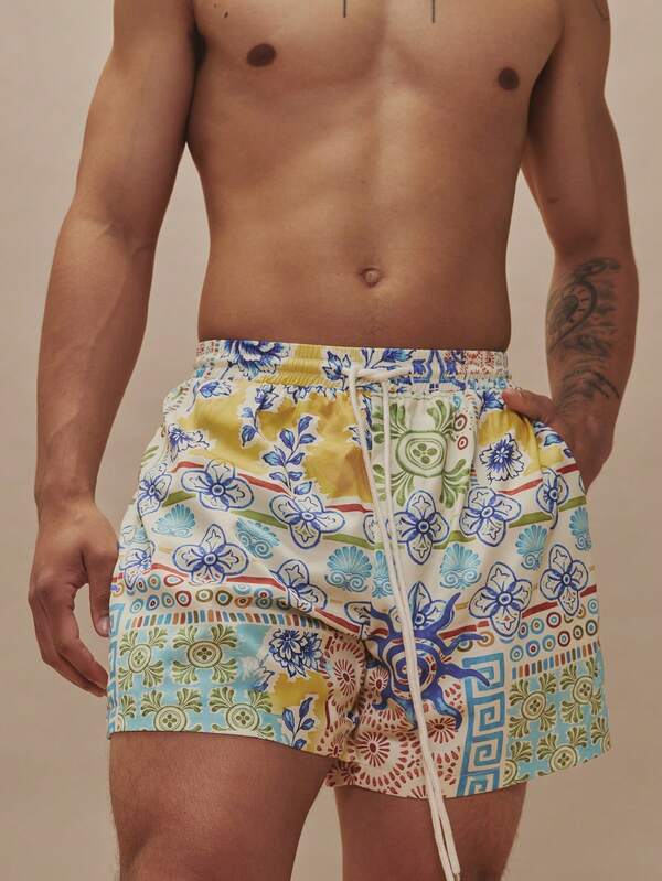 Musero All Over Floral Print Graphic Swim Shorts Elasticated Drawstring Waistband Swimming Swimwear Trunks Spring Summer Essentials Holiday