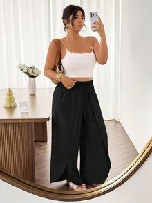 SHEIN Frenchy 大码女式纯色拼接设计休闲百搭日常裤 - 黑色 - 查看 6