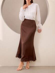 Graceveil Falda elegante de estilo francés para mujer con encaje de contraste de satén - Café integral - Ver 6