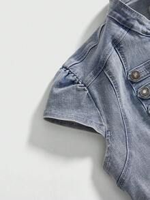 ROMWE Grunge Punk Áo khoác denim lửng kiểu vintage punk màu xanh hải quân với cúc cài, trang phục mùa hè cho lễ hội âm nhạc. - Màu xanh lam - Xem 4