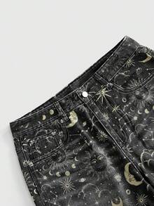 ROMWE MEN Street Life Men's Pocketed Button Allover Print Casual Versatile Daily Wear Washed Denim Shorts - Black - View 3