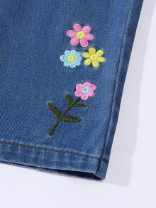 SHEIN Vintaside Kids 女童休闲牛仔裤，轻薄牛仔布，松紧腰带，彩色花卉刺绣，宽松直筒裤型，柔软棉质面料，适合日常穿着、外出、上学、春夏穿着。 - 中等水洗藍 - 查看 9