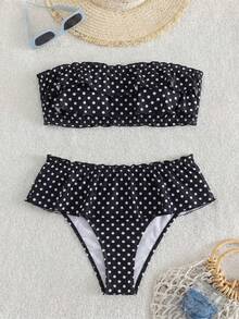 Swim Mod 女士波点印花抹胸比基尼套装，低腰荷叶边裙裤，休闲度假泳装 - 彩色 - 查看 3