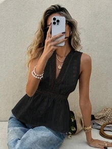 2026 Blusa sin mangas con bordado y espalda descubierta para vacaciones de verano de mujer - Negro - Ver 5