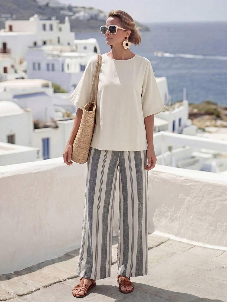 Women's Vacation Casual Solid Color Top And Striped Pants 2 Pieces Set