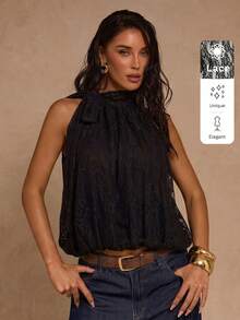 Glamine Blusa de mujer con cuello de encaje y nudo delantero con cuello halter - Negro - Ver 1