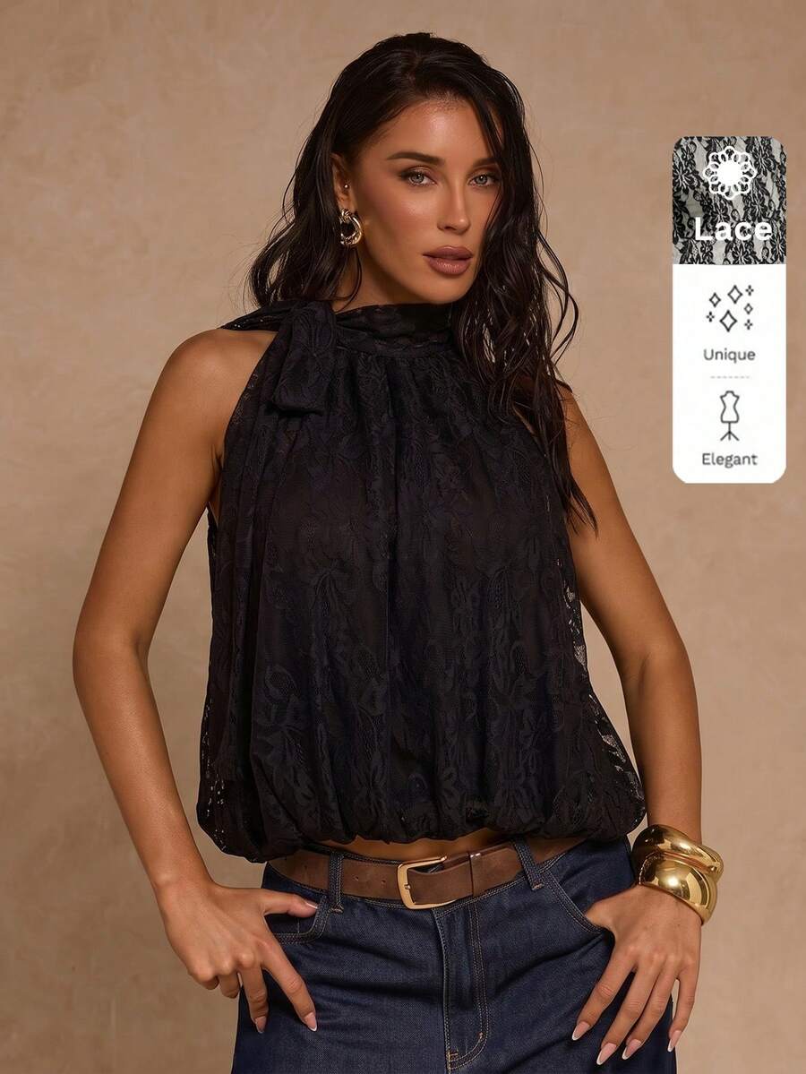 Glamine Blusa de mujer con cuello de encaje y nudo delantero con cuello halter - Negro - Ver 1