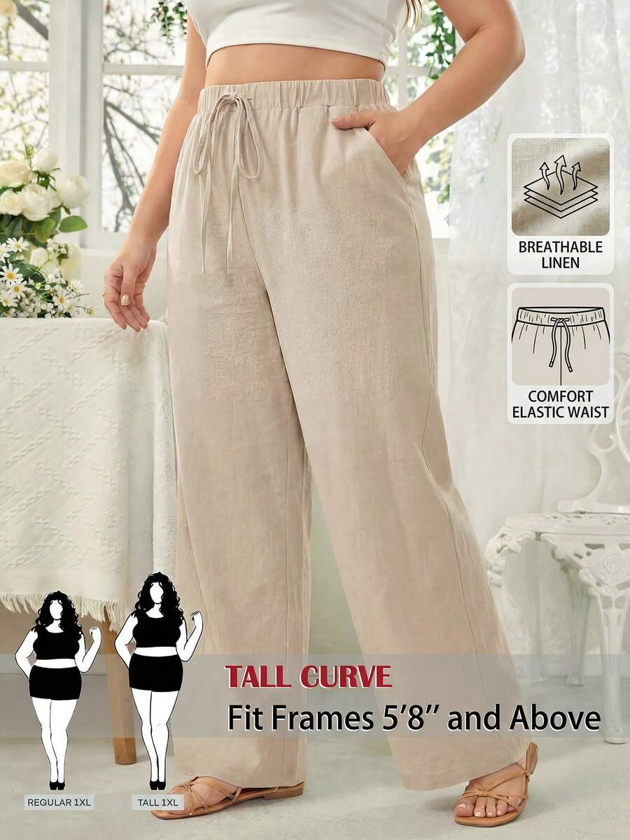 SHEIN Tall CURVE 大码女式纯色腰带口袋宽松裤