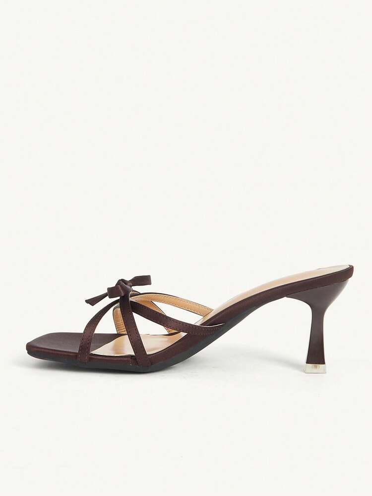 CUCCOO CHICEST Brown Satin Bow High Heel Square Toe Thin Strap Thin Heel Outside Temperament Banquet Sandals