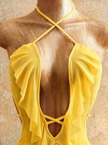 Mistrie Women's Short Hollow Tie Ruffle Hem Dress - Yellow - View 7