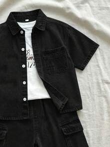 SHEIN 2件套男童宽松牛仔蓝短袖衬衫和工装短裤套装 - 黑色 - 查看 8