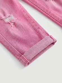 SHEIN Bubblio Quần jean denim rách dáng casual đa năng cho bé gái, có túi và cúc, thích hợp mặc hàng ngày. - Hồng - Xem 5