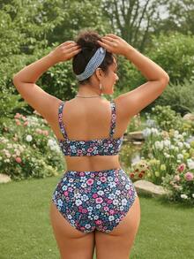 Swim Mod Plus Size 2 Pieces Swimwear Set, Navy Blue, Summer, Boho, Beach, Holiday, Ditsy Floral, Criss-Cross Front, Adjustable Straps, High-Waisted Bottoms, Pool Wear - Multicolor - View 2