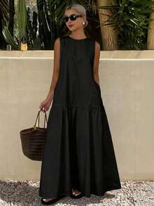 DAZY Women's Solid Color Round Neck Slanted Pocket Casual Sleeveless Long Dress Sundress - Black - View 4