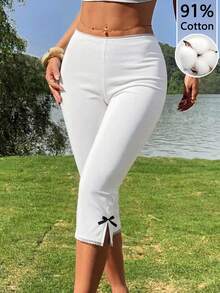 CovetEZ Quần legging nữ kiểu dáng vintage thường ngày, đa năng, họa tiết hoa và nơ, thích hợp cho các buổi tụ họp, tiệc tùng, sân bay, dã ngoại, lễ hội âm nhạc, trang phục mùa hè, chất liệu 91% cotton dệt kim co giãn. - trắng - Xem 7