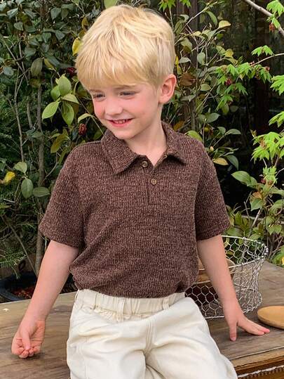 Dazy Kids 极简混纺 Polo 衫，宽松复古高端短袖上衣，适合幼儿男童（小号）