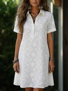 Zayélia Women's Summer Vacation Jacquard Texture Short Sleeve Shirt Dress - White - View 8