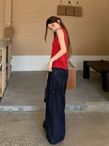 Dazy Tall Pantalones cargo de pierna recta y holgados para mujer, jeans de estilo casual de calle - Azul lavado oscuro - Ver 6