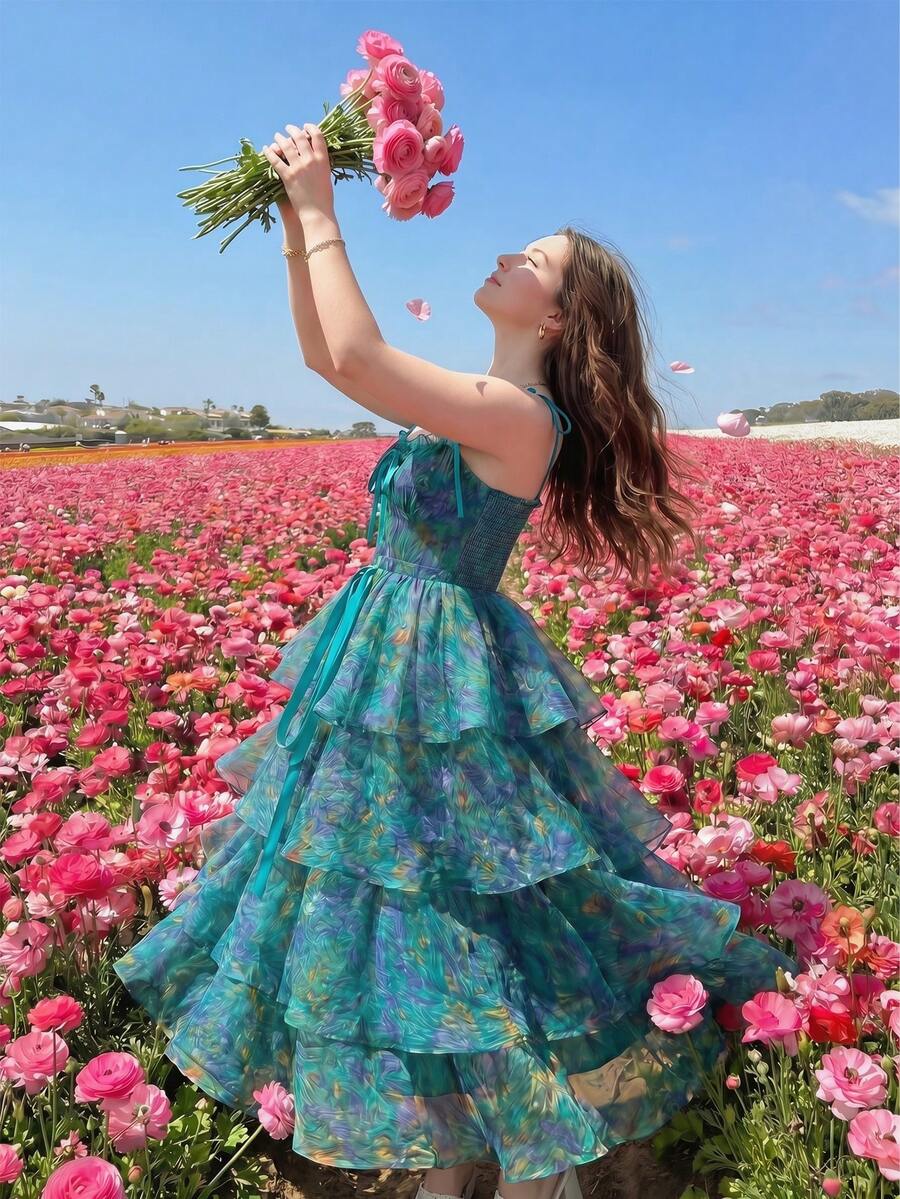 SHEIN MOD 复古油画印花全身花卉图案华丽二合一连衣裙,配有可拆卸多条裙摆 - 宫廷风、生日礼服、邮轮礼服、叠穿连衣裙、碎花连衣裙、绿色连衣裙、海滩度假装、夏季连衣裙、下午茶礼服、女士度假装、飘逸连衣裙、派对礼服、波西米亚风服装、万圣节 - 彩色 - 查看 1