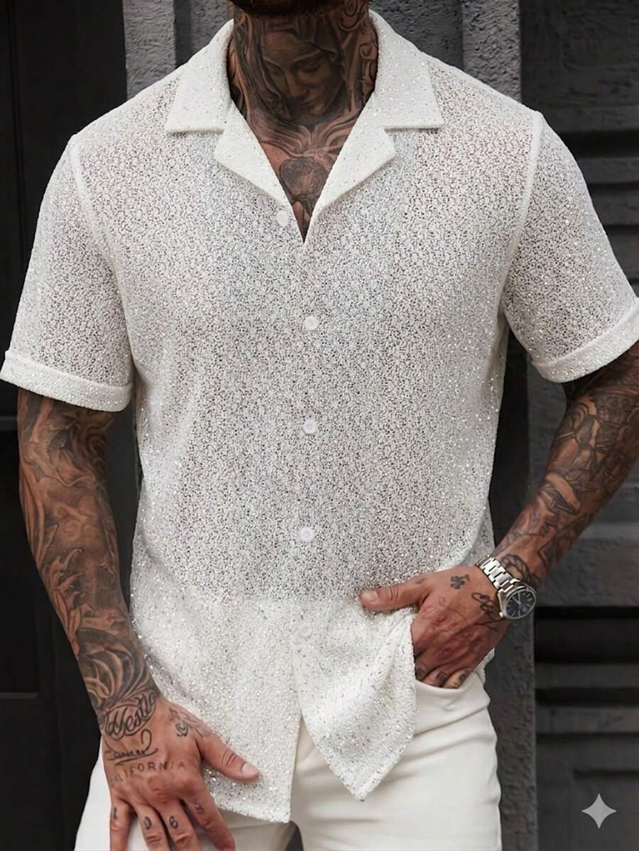 Manfinity Homme Men's Casual Knit Collared Short Sleeve Formal Shirt, Summer, Ceremony - White - View 1