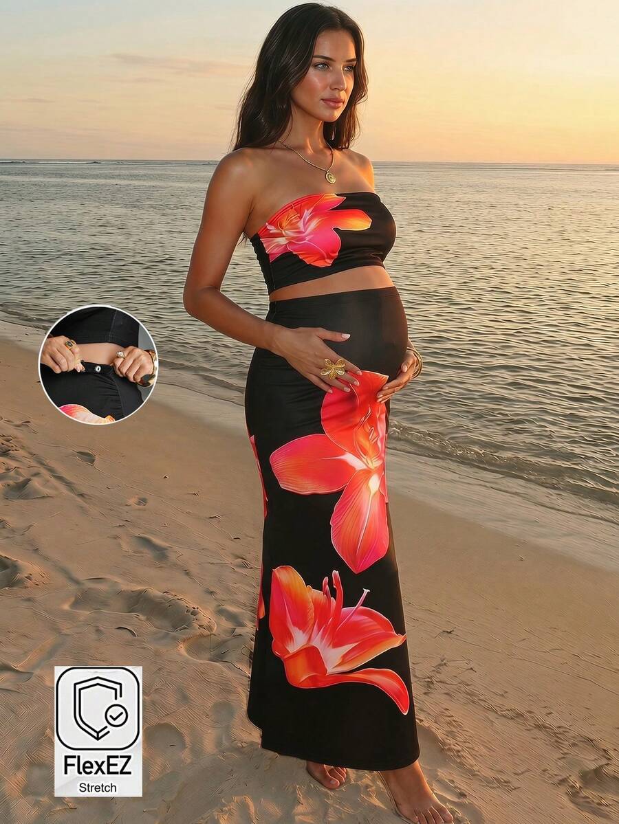 SHEIN Floral Print Maternity Camisole Top And Skirt Elegant 2-Piece Set - Black - View 1