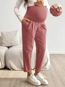 SHEIN Pantalones casuales de maternidad con textura, versátiles y ajustables en la cintura - Óxido marrón - Ver 9