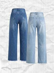 Set 2 Jeans Mom High Rise Pants Light Dark Dark Torn Ankle Closure - Índigo Clásico y Azul Hielo Suave - View 2